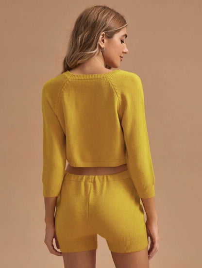 Button Front Sweater Top With Shorts Set Hippochi