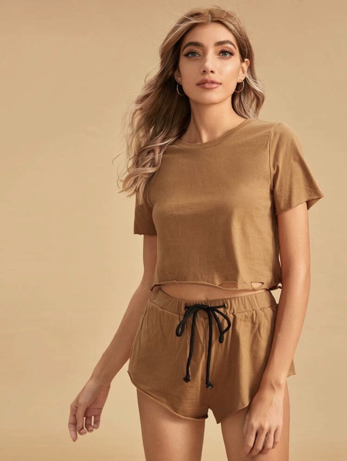 Ripped Drawstring Waist PJ Set Hippochi