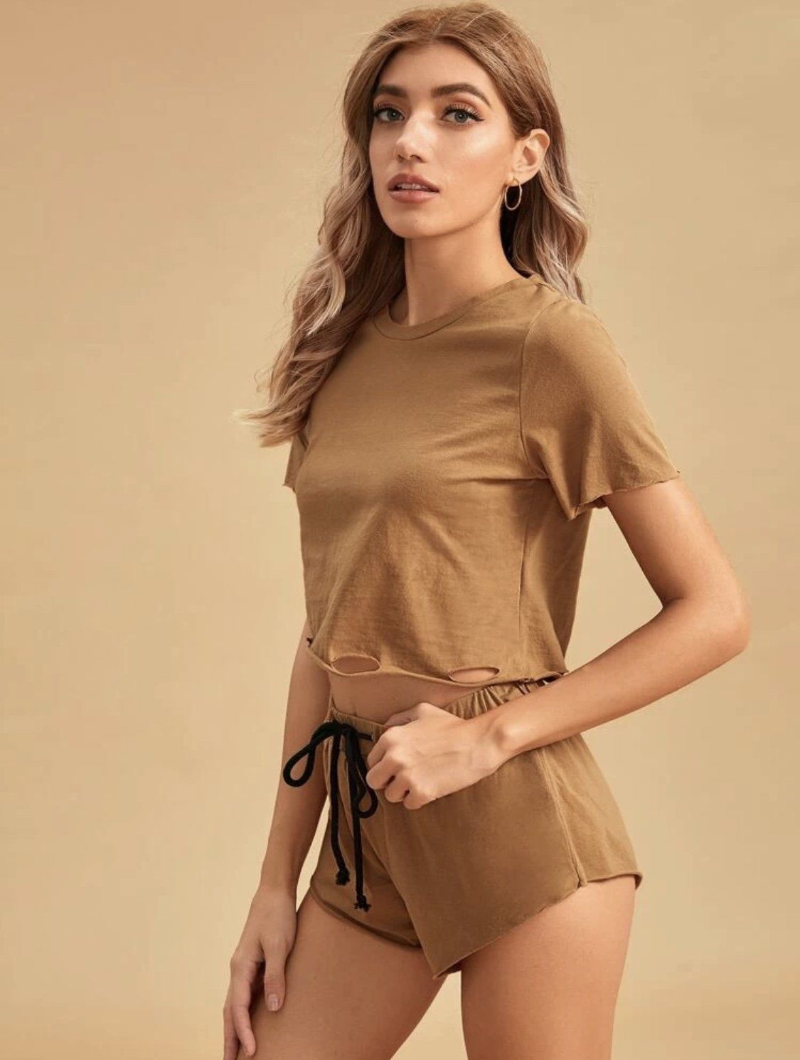 Ripped Drawstring Waist PJ Set Hippochi