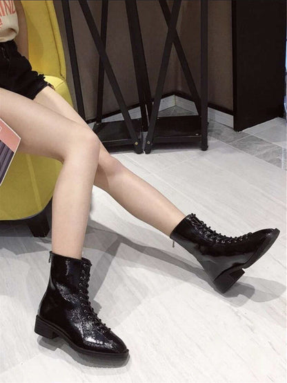 Square Toe Lace Up Ankle Boots Hippochi